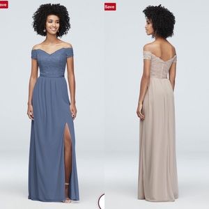 David’s Bridal Lace & Mesh Off the Shoulder Bridesmaid Dress (Steel Blue | 22)